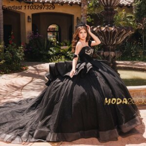 EVLAST Customized Black Quinceanera Dress Ball Gown Applique Beaded Crystal Tiered Corset Sweet 16 Vestido De 15 Anos TQD924