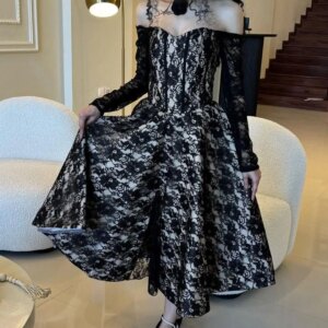 Customized Black Lace Prom Dresses Long Sleeves Off The Shoulder Ankle Length Pleated Prom Gowns Formal Party Dresses