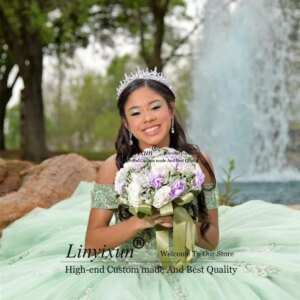 Mint Green Ball Gown Quinceanera Dresses With 3D Appliques Lace Sweet 16 Dress Princess Off Shoulder Mexican Vestidos De 15 Anos