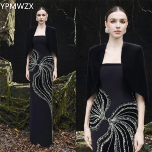 Customized Prom Gown Evening Women Formal Dress YPMWZX Strapless Column Floor Length Skirts Stole Sleeveless Bead Bespoke Occasi