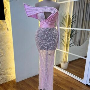 Elegant Pink Mermaid Prom Dress Arabic Pearls Crystals Formal Party Second Reception Birthday Engagement Gowns Robe de soiree