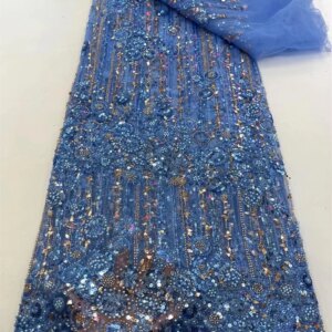 2025 Sky Blue Luxury African French Tulle Lace Fabric 2025 High Quality Beads Nigerian Sequin Lace Fabric for Party Dress Q419-1