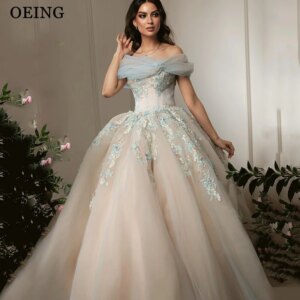 OEING Princess A-Line Prom Dresses Off Shoulder Appliques Party Gowns Floor-Length Soft Tulle Contrast Color Dress Customized