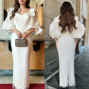 Customized Evening Charmeuse Tassel Pleat Homecoming Sheath V-neck Bespoke Occasion Gown Midi Dresses Saudi Arabia