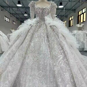 Robe De Mariage Half Sleeves Square Collar Beading Crystal Ball Gown Wedding Dress Lace Long Bridal Dress vestido de novia
