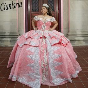 Glitter Crystal Beading Ruffles Quinceanera Dresses Ball Gown Appliques Lace Ruffles Sweet 15 Años Mexican Customized