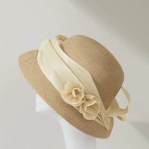 Summer hat basin Fisherman Woman elegant vintage handmade flowers silk hemp face small shade vacation