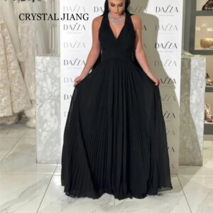 Classy Long Black Evening Dresses Halter Neck Chiffon Sleeveless with Cape A Line Pleated Sweep Train Robes De Soirée