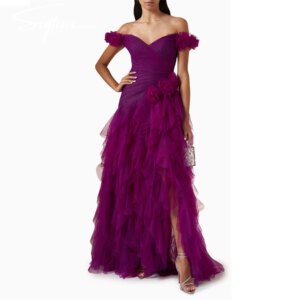 Purple Tulle Tiered Wedding Party Dresses Off Shouder Ball Gowns Bride Flowers Robe De Mariée Princess Beach Evening Dress Women
