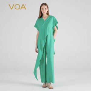 (Fans Exclusive Discount) VOA Green Jacquard Silk V-Neck Raglan Short Sleeve Asymmetric Loose Leaf Silk Jumpsuit Women KE965