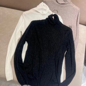 Autumn Women’s Knitted Sweater Beaded Chain Long Sleeve Turtleneck Solid Color Casual Ladies Pullover