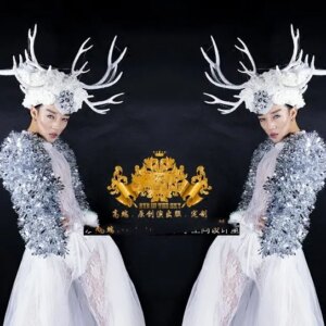 DS dance team Christmas white costumes Super antlers LED headwear costumes.