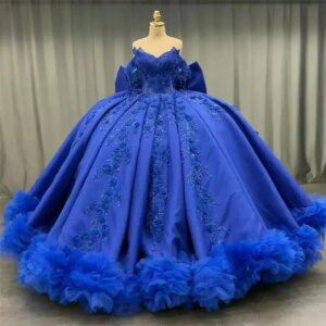 Customized Princess Royal Blue Off The Shoulder Ruffles Bow Quinceanera Dresses Ball Gown Appliques Lace Sweet 15 Años