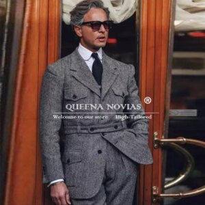 Elegant Grey Herringbone Wedding Suits Unique Designer Jacket Pants 2 Pieces Groom Formal Party Men’s Tuxedos Customized Blazers