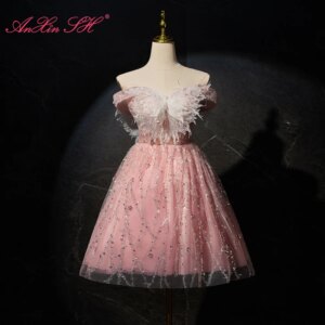 AnXin SH princess boat neck pink sparkly lace beading pearls white big butterfly customized evening dress little white dress