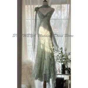 Green Evening Dresses Women Prom Party Mermaid High Quality Spaghetti Strap A Line Floor Length Beading V Neck Exquisite Gowns