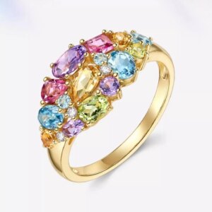 Natural Colored Treasure Tourmaline Ring 18k Gold Diamond Row Ring
