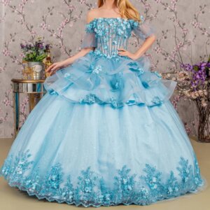 Sky Blue Shiny Princess Quinceanera Dresses Sequin Appliqued Flower Beading Crystal Tull Sweet 16 Dress Ball Gown Vestidos 15