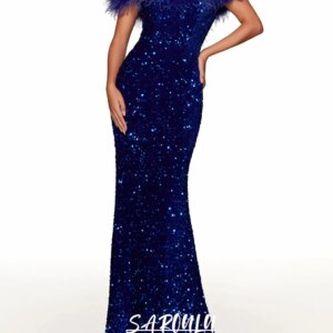 Elegant Sequins Prom Dress with Feathered Shoulder, Wedding Party Gowns Sheath Long Prom Dresses, Customized Mother of the Bride