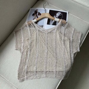 Women’s Pullover Summer Hollow Out V-Neck Short Sleeve Loose Ladies Sweater