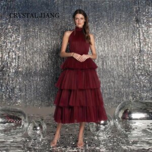 Vintage Long Halter Neck Tulle Prom Dresses Sleeveless A Line Tiered Tea Length فساتين للمناسبات الخاصة