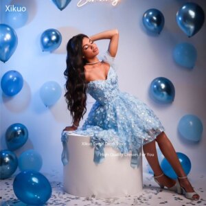 Xikuo Floral Flowers Tulle A-Line Short Prom Gowns Off Shoulder Sweetheart Mini Homecoming Dress Sky Blue Gala Jurk Customized