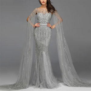 Saudi Arabia Caramel Mermaid Elegant Cape Sleeve Luxury Beaded Evening Dresses For Women Formal Occasion Dinner Party Gown