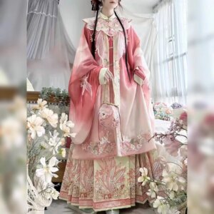 Chinese traditional dress Hanfu Ming embroidery cloud shoulder stand-up collar shirt horse skirt pink hair flower suit