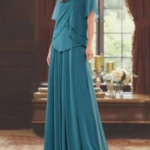 Mother of the Bride Dress Formal Wedding Guest Elegant Jewel Neck Floor Length Chiffon Short Sleeve with Beading 2024