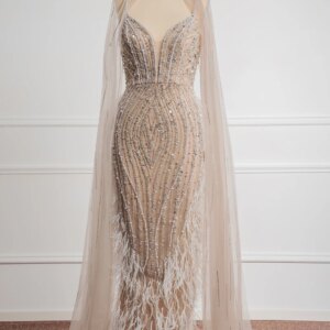 Prom Dresses Mermaid V Neck With Tulle Cape Feather Floor-length Evening Dresses Formal Occasion Dresses Vestidos De Fiesta