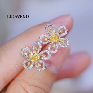 LUOWEND 100% 18K White Gold Earrings Women Real Natural Yellow Diamond Earrings Romantic Gentle Style High Engagement Jewelry
