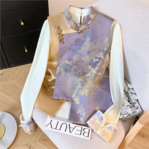 New Chinese style female blouse contrast color jacquard waistcoat small coat