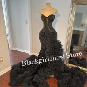 Black Sheath Diamante Mermaid Prom Dress Luxury Crystal Beaded Appliques Sexy Feather Split Floor Length Custom فساتين سهرات