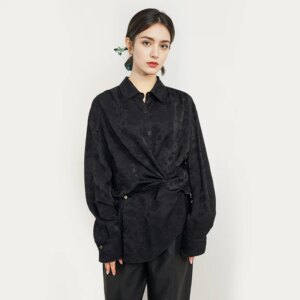 High Quality Women’s Silk Spring and Autumn Clothing New Satin Chinese Lapel Long Sleeve All-Matching Shirt Dark Flower Top