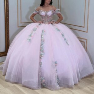 Pink Quinceanera Dresses Off Shoulder Ball Gown Sweet 16 Dress Applique Lace Bow Beads Tull Birthday Party Vestidos 15 De Anos
