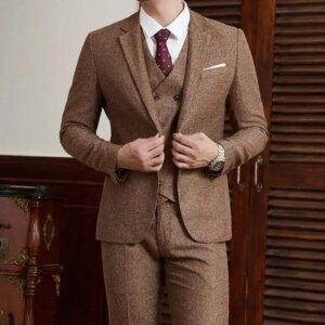 Mens Tweed Suit Herringbone Customized Wedding Tuxedos Tailor-Made Slim Fit Groom Formal Occasions Wear Jacket Vest Pants