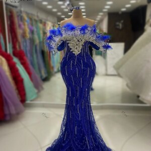 Royal Blue Off the Shoulder Feather Crystal Evening Party Dress 2024 robes de soirée Fringe Ruffle Special Formal Event Dresses
