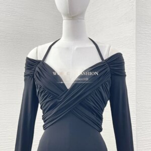 2025 New Fashion Black Long Sleeve Halter Off The Shoulder Pleat Cut Out Waist Bodysuit Tops