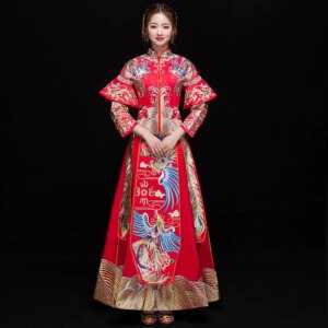 Red Wedding Bride Cheongsam Traditional Chinese Style marry Evening Dress Embroidery Long Qipao Womens Clothing Size S-3XL