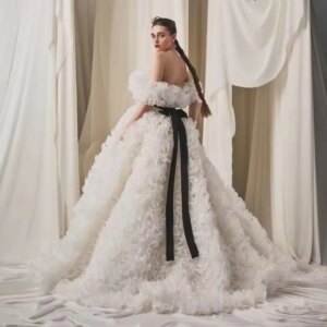 Fantastic White Ruffle with Black Sash Ball Gown Layered Tulle Bridal Shower Dress Formal Party Dresses Wedding Photoshoot Dress