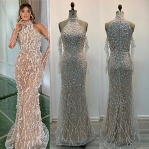 2025 New Handmade Beading Mermaid Evening Dresses With Feathers Sexy Long Evening Gowns For Women Party