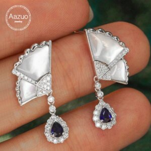 Aazuo 18K White Gold Natural Blue Sapphia Real Diamond Classic Fan shape Stud Earrings gifted for Women Engagement Wedding Party