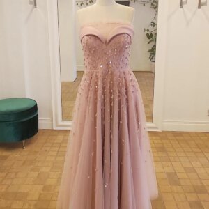 Elegant Strapless Tulle Evening Dresses Shiny Beading Sequin Pearls Draped A Line Formal Party Prom Gowns Vestido Customized