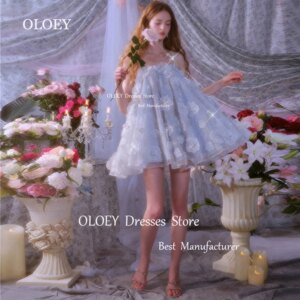 OLOEY Exquisite Light Blue Glitter Lace Short Cocktail Dresses Spaghetti Straps Wedding Party Dresses Formal Prom Gowns Custom