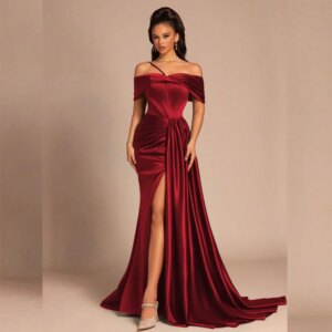 Red Gorgeous Evening dresses Women Strapless Watteau A-Line Off-the -shoulder High quality Floor-length Prom Party Gowns