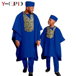 African Clothes Matching Outfits Father and Son Top and Pant Robe Hat Sets Bazin Riche Men Agbada Dashiki Family Outwear 24F003