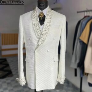 White Jacquard Pearls Beading Groom Wear Formal Men Suits 2 Piece Jacket Pants Sets Smart Casual Business Blazer
