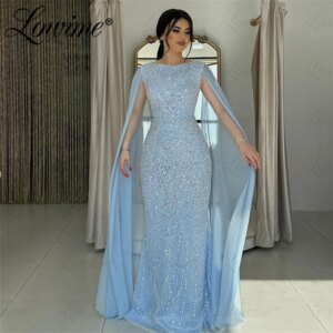 Abendkleider Blue Mermaid Prom Dresses 2024 Customized Arabic Dubai Beaded Formal Evening Gowns Women Cape Sleeve Party Dress