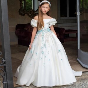 Dreamy Vow Luxury White Girl Dress 3D Flowers Satin Princess Dubai Kids Wedding Birthday Communion Party Elegant Gown 2025 J295