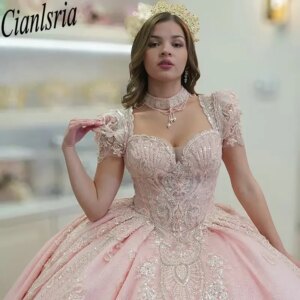 Pink Sweetheart Short Sleeve Quinceanera Dresses Ball Gown Appliques Lace Sweet 15 Años Mexican Customized